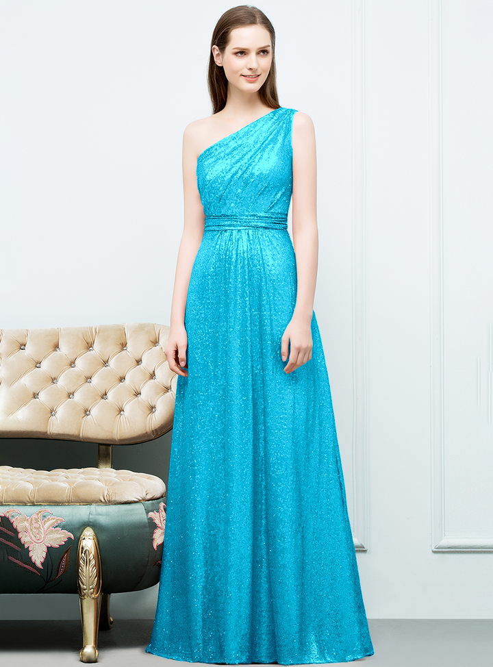 A-line One-Shoulder Sequins Floor-Length Dress Koscy