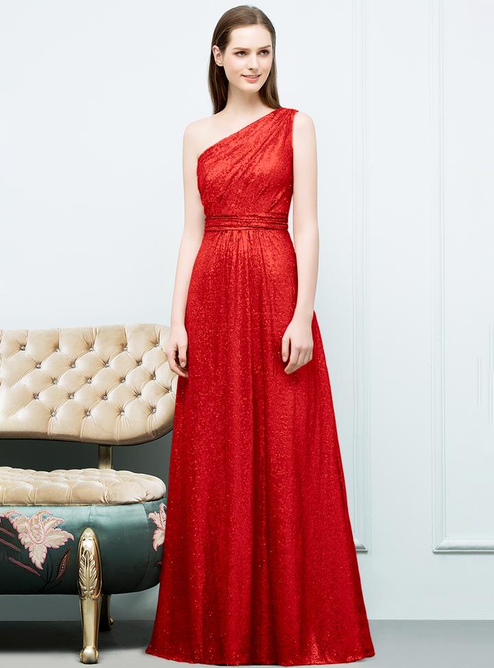 A-line One-Shoulder Sequins Floor-Length Dress Koscy