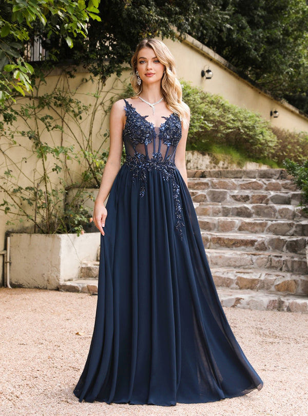 A-line Spaghetti Straps Pleated Chiffon Floor Length Dress with Appliques