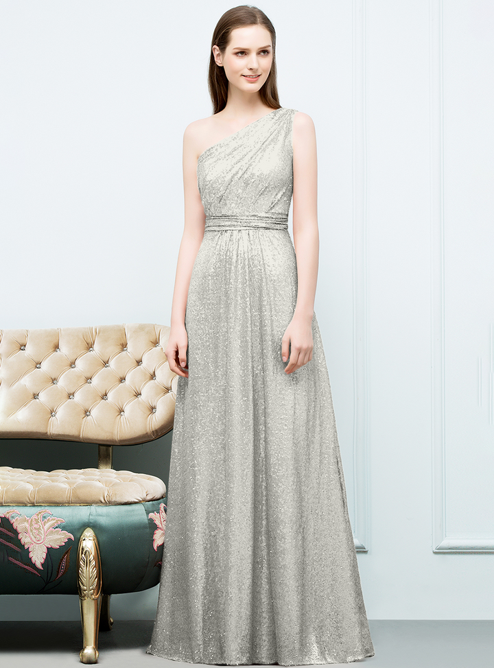 A-line One-Shoulder Sequins Floor-Length Dress Koscy