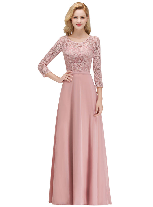 A-line 3/4 Sleeves Floral Lace Chiffon Floor-Length Dress Dusty Rose-koscy