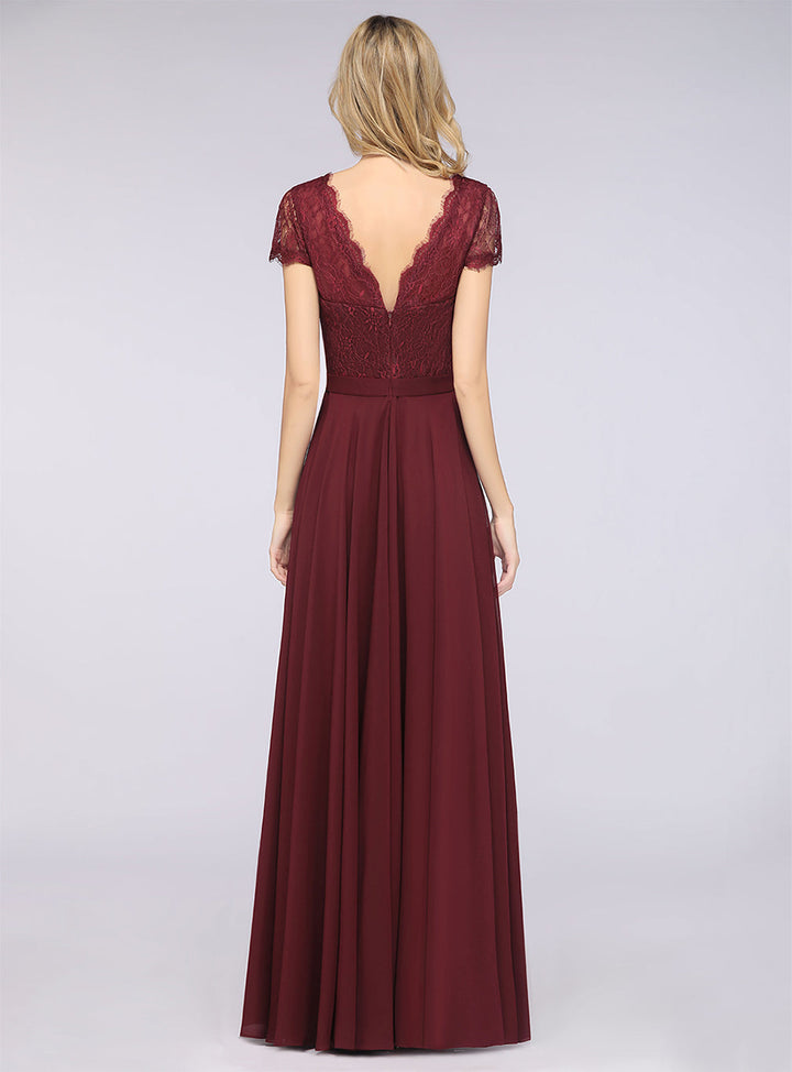 A-line Cap Sleeves Lace Floor-Length Dress Burgundy-koscy