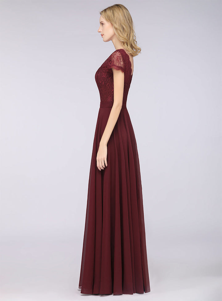 A-line Cap Sleeves Lace Floor-Length Dress Burgundy-koscy