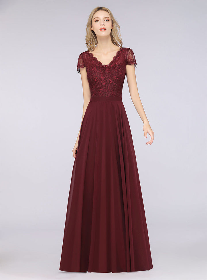 A-line Cap Sleeves Lace Floor-Length Dress Burgundy-koscy