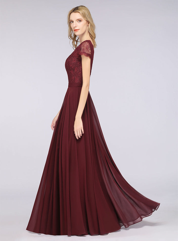 A-line Cap Sleeves Lace Floor-Length Dress Burgundy-koscy