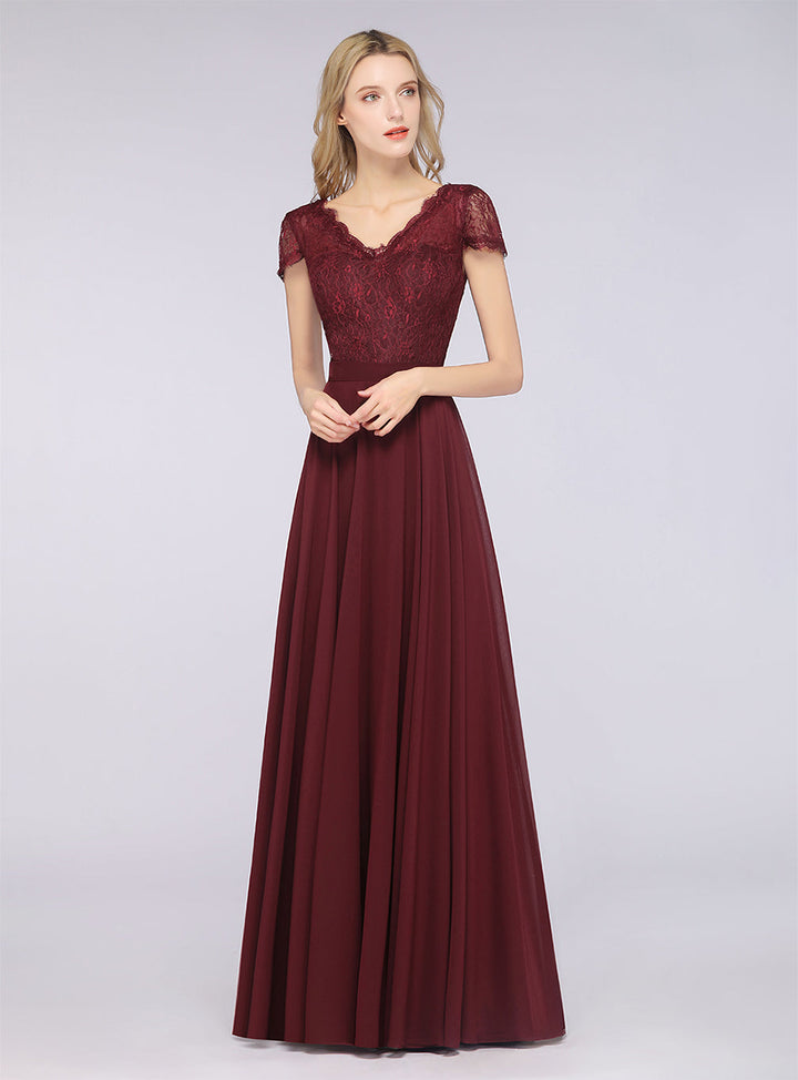 A-line Cap Sleeves Lace Floor-Length Dress Burgundy-koscy