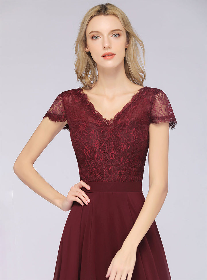 A-line Cap Sleeves Lace Floor-Length Dress Burgundy-koscy