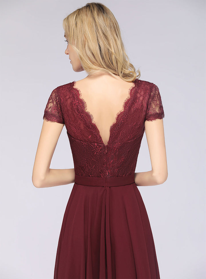 A-line Cap Sleeves Lace Floor-Length Dress Burgundy-koscy