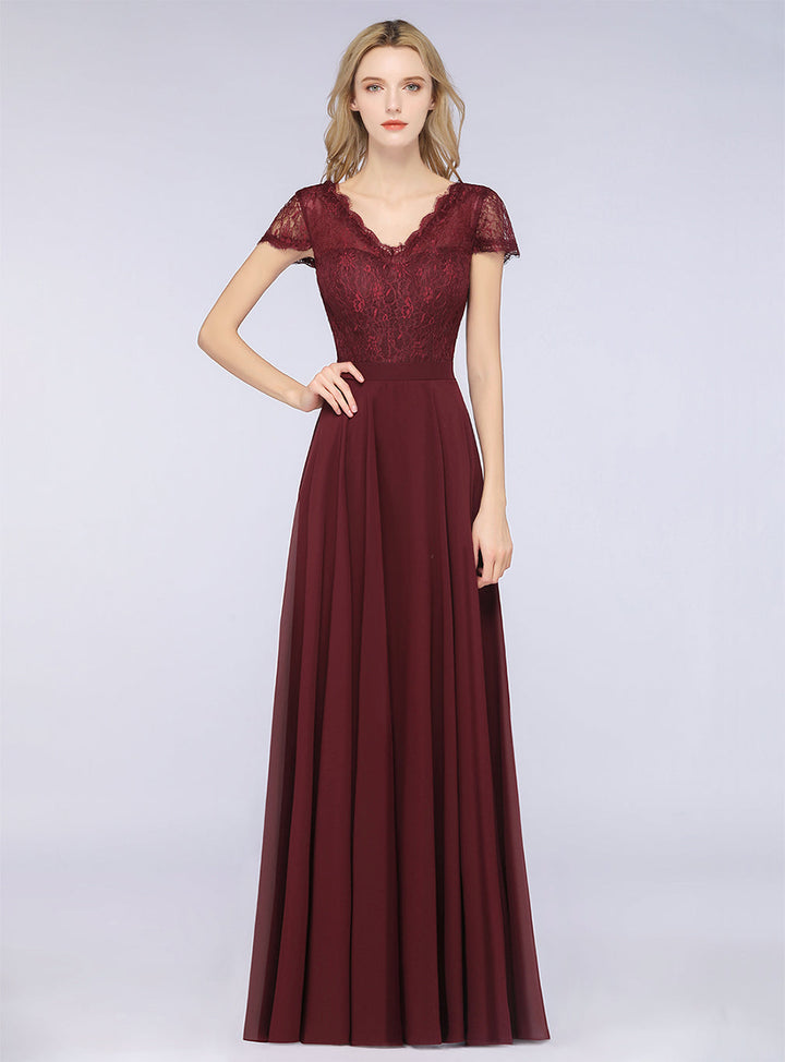 A-line Cap Sleeves Lace Floor-Length Dress Burgundy-koscy