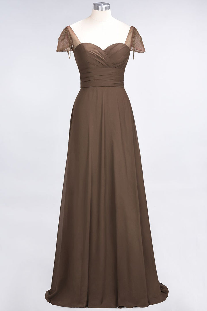 A-line Cap Sleeves Ruched Chiffon Beadings Floor-Length Dress-koscy