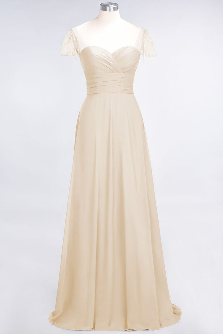 A-line Cap Sleeves Ruched Chiffon Beadings Floor-Length Dress-koscy