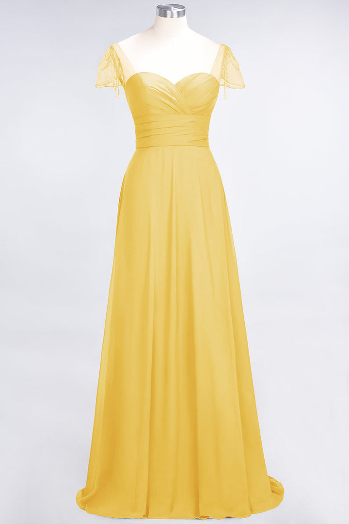 A-line Cap Sleeves Ruched Chiffon Beadings Floor-Length Dress-koscy