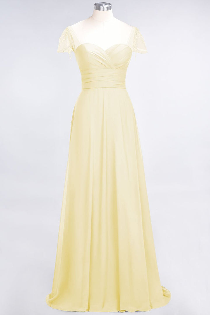 A-line Cap Sleeves Ruched Chiffon Beadings Floor-Length Dress-koscy