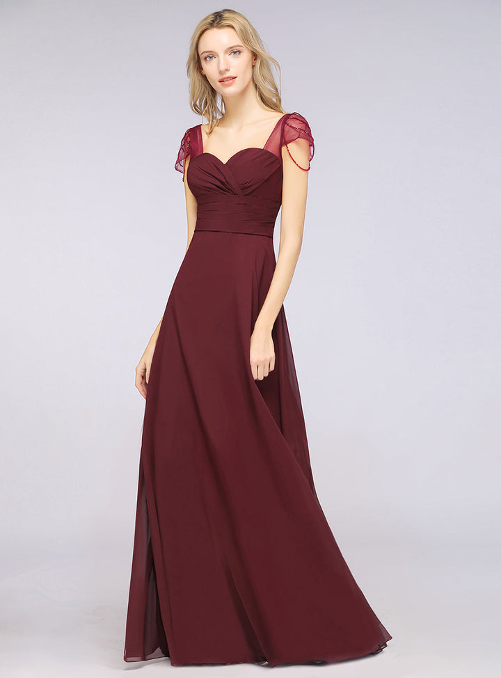 A-line Cap Sleeves Ruched Chiffon Beadings Floor-Length Dress-koscy