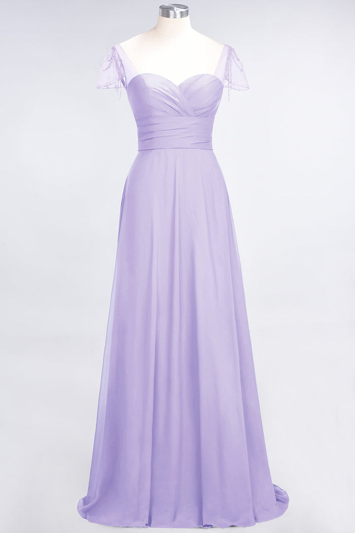 A-line Cap Sleeves Ruched Chiffon Beadings Floor-Length Dress-koscy