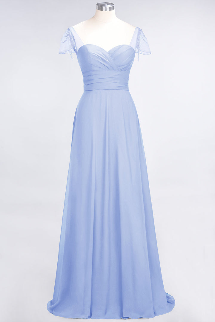 A-line Cap Sleeves Ruched Chiffon Beadings Floor-Length Dress-koscy