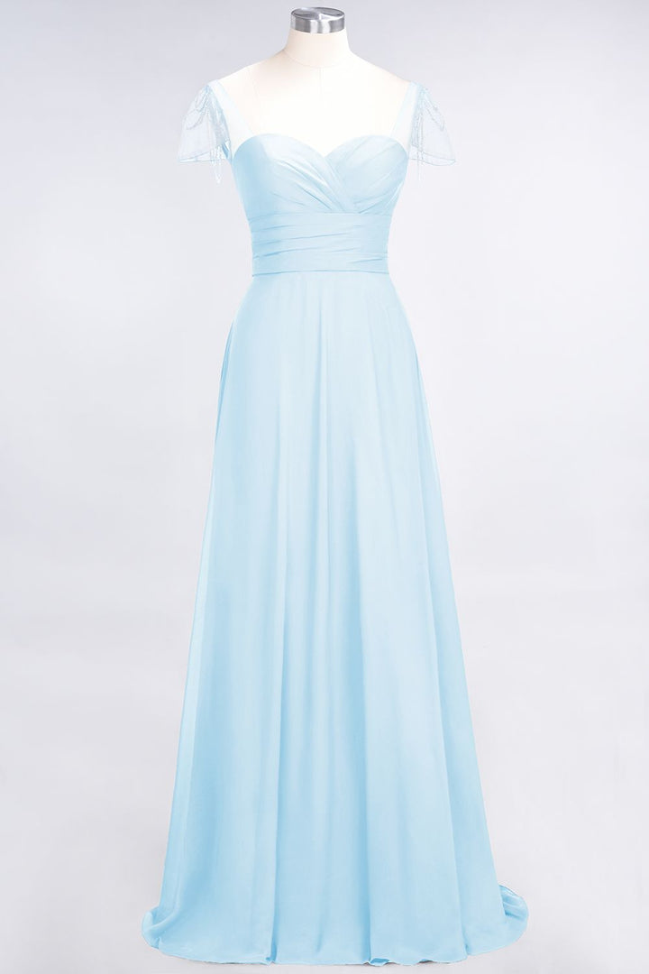 A-line Cap Sleeves Ruched Chiffon Beadings Floor-Length Dress-koscy