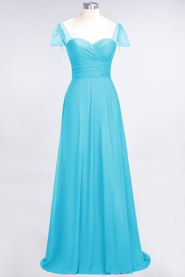 A-line Cap Sleeves Ruched Chiffon Beadings Floor-Length Dress-koscy