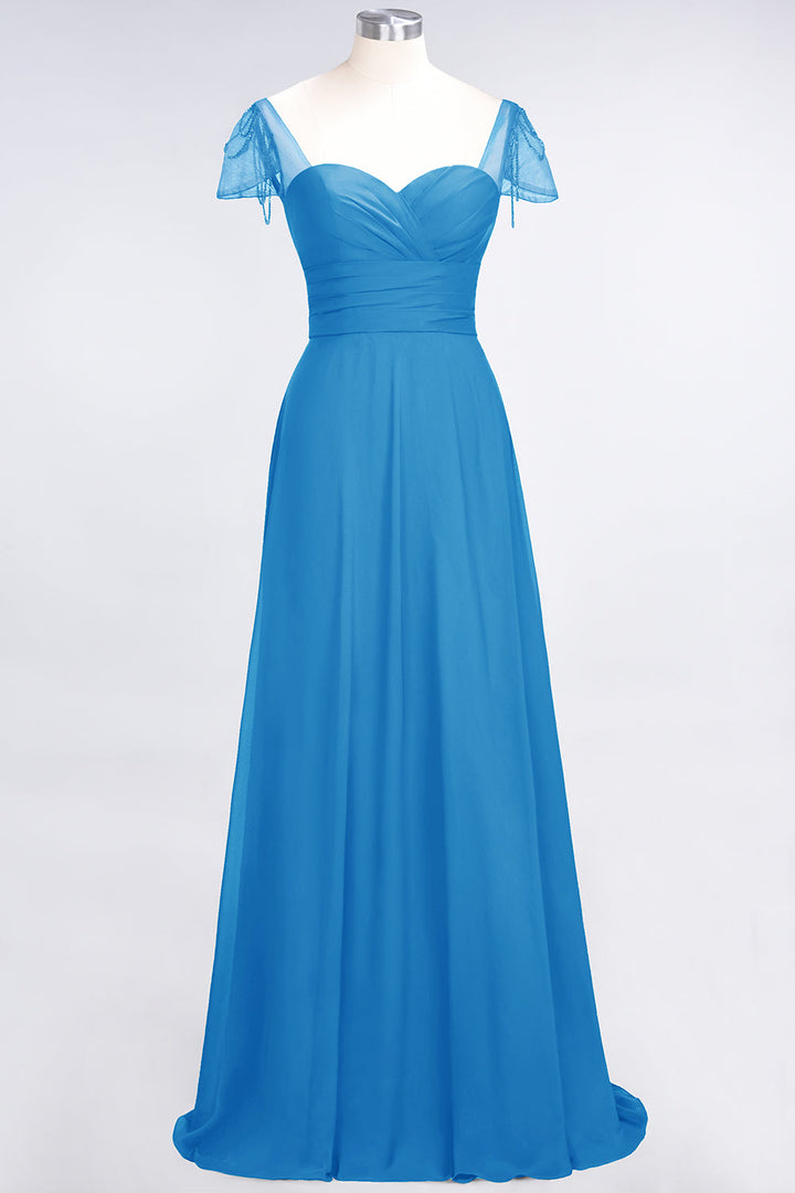 A-line Cap Sleeves Ruched Chiffon Beadings Floor-Length Dress-koscy