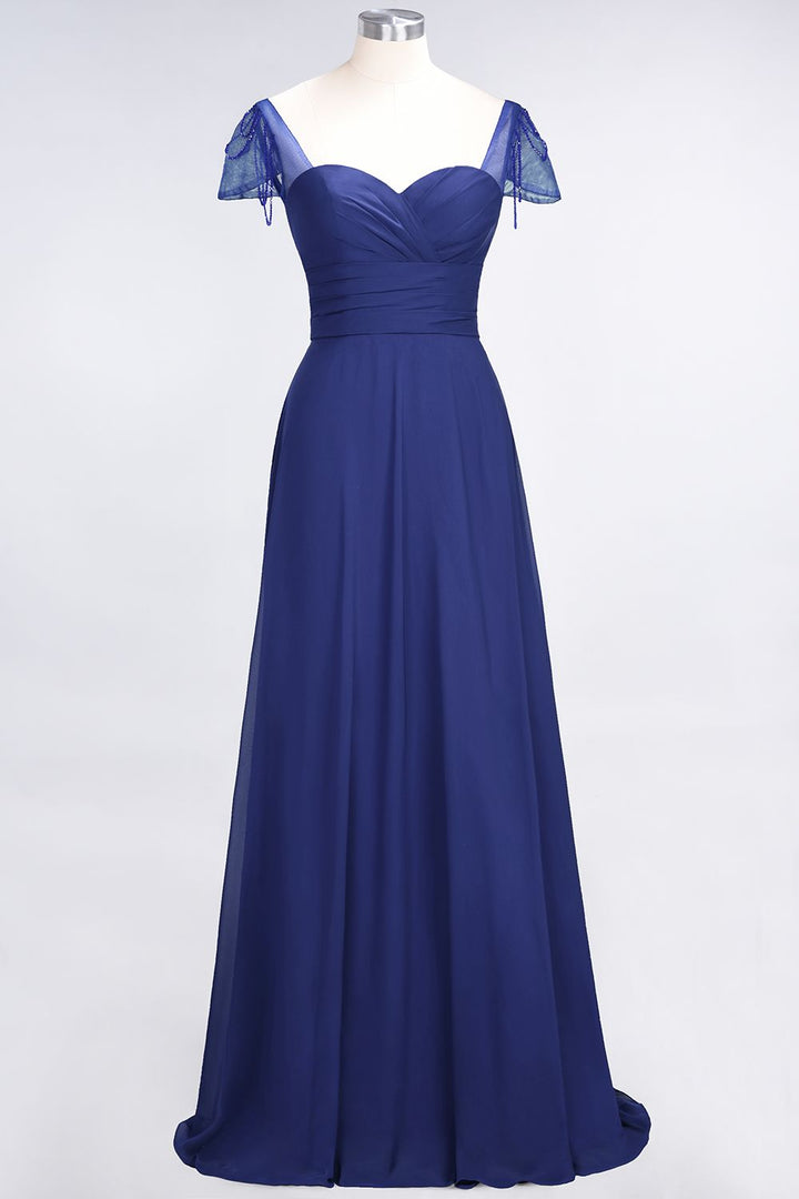 A-line Cap Sleeves Ruched Chiffon Beadings Floor-Length Dress-koscy