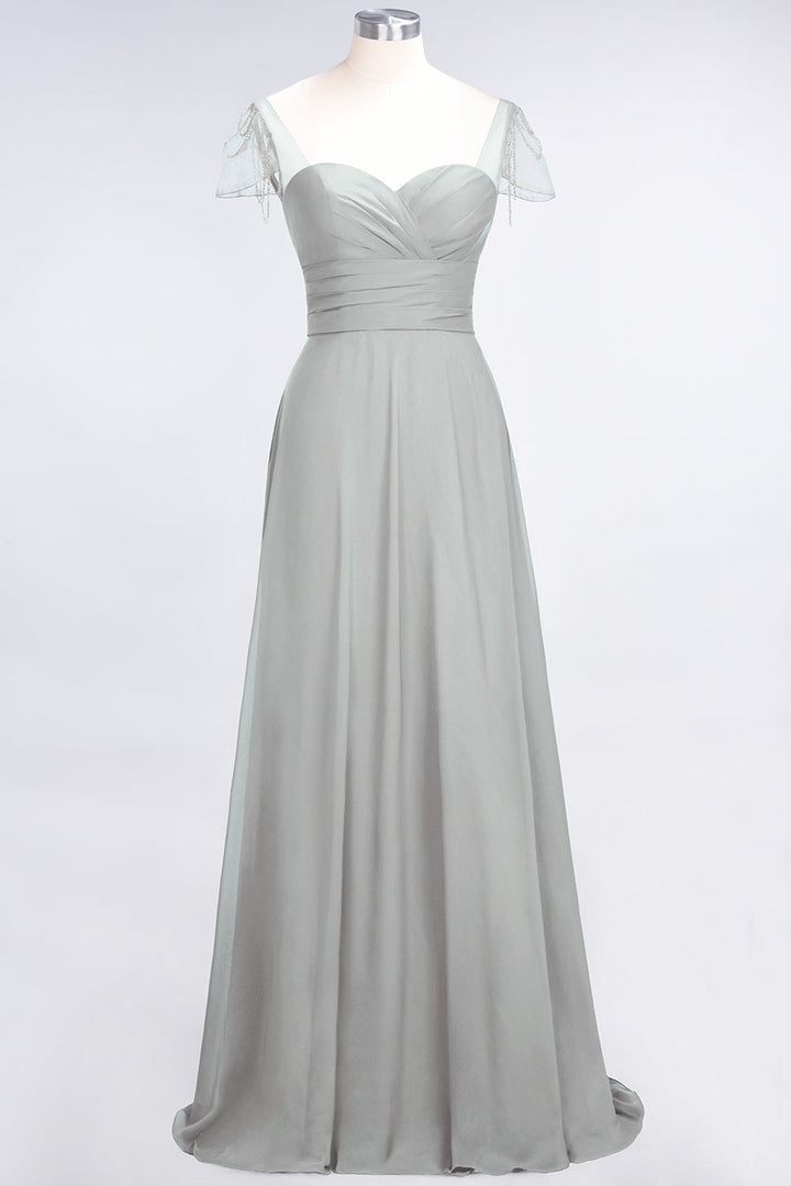 A-line Cap Sleeves Ruched Chiffon Beadings Floor-Length Dress-koscy