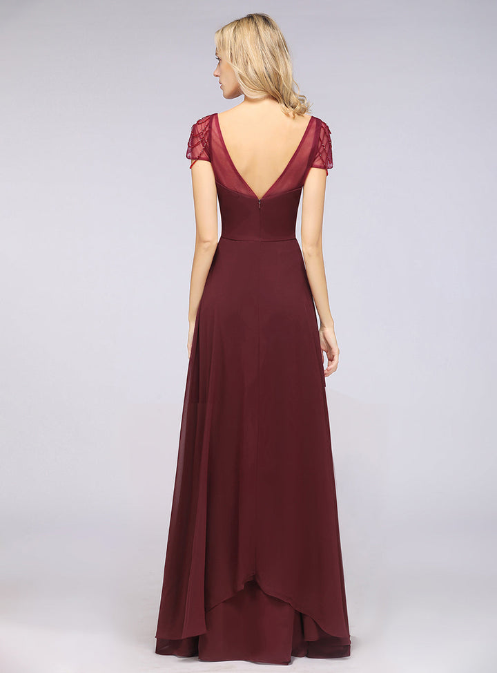 A-line Cap Sleeves Ruched Chiffon Beadings Floor-Length Dress-koscy