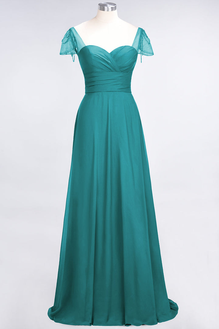 A-line Cap Sleeves Ruched Chiffon Beadings Floor-Length Dress-koscy