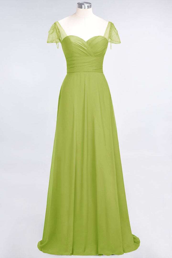 A-line Cap Sleeves Ruched Chiffon Beadings Floor-Length Dress-koscy