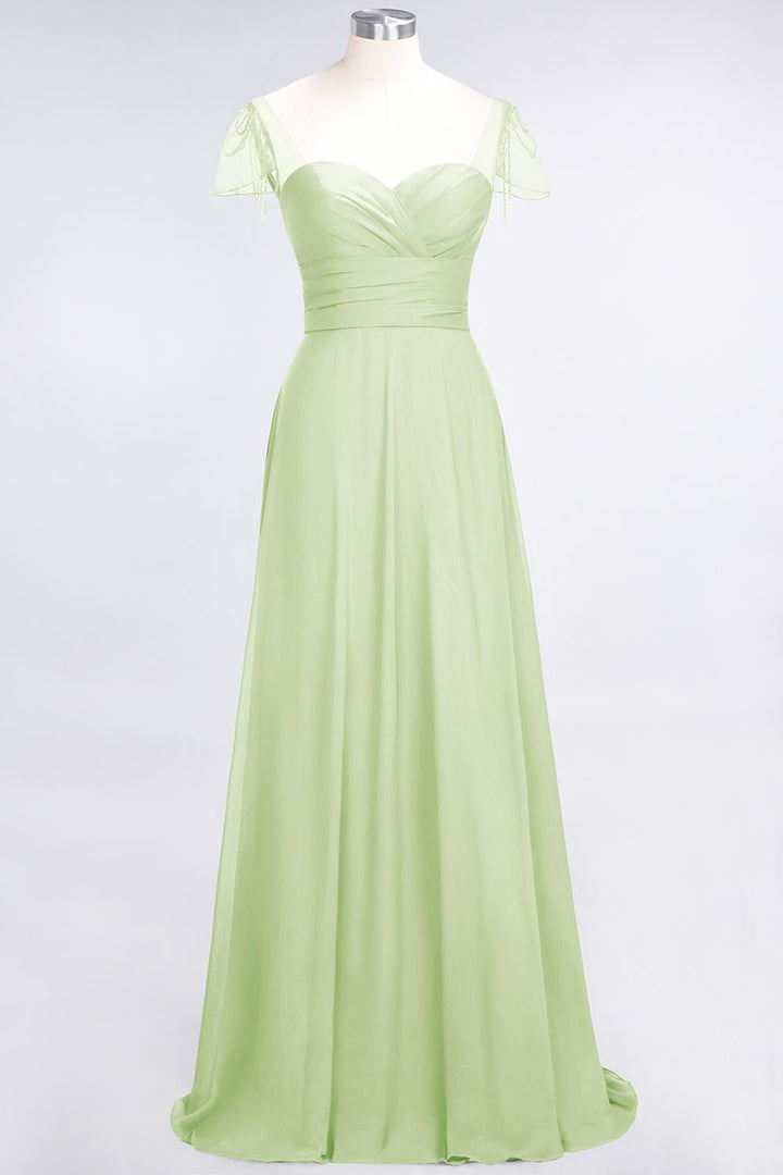 A-line Cap Sleeves Ruched Chiffon Beadings Floor-Length Dress-koscy