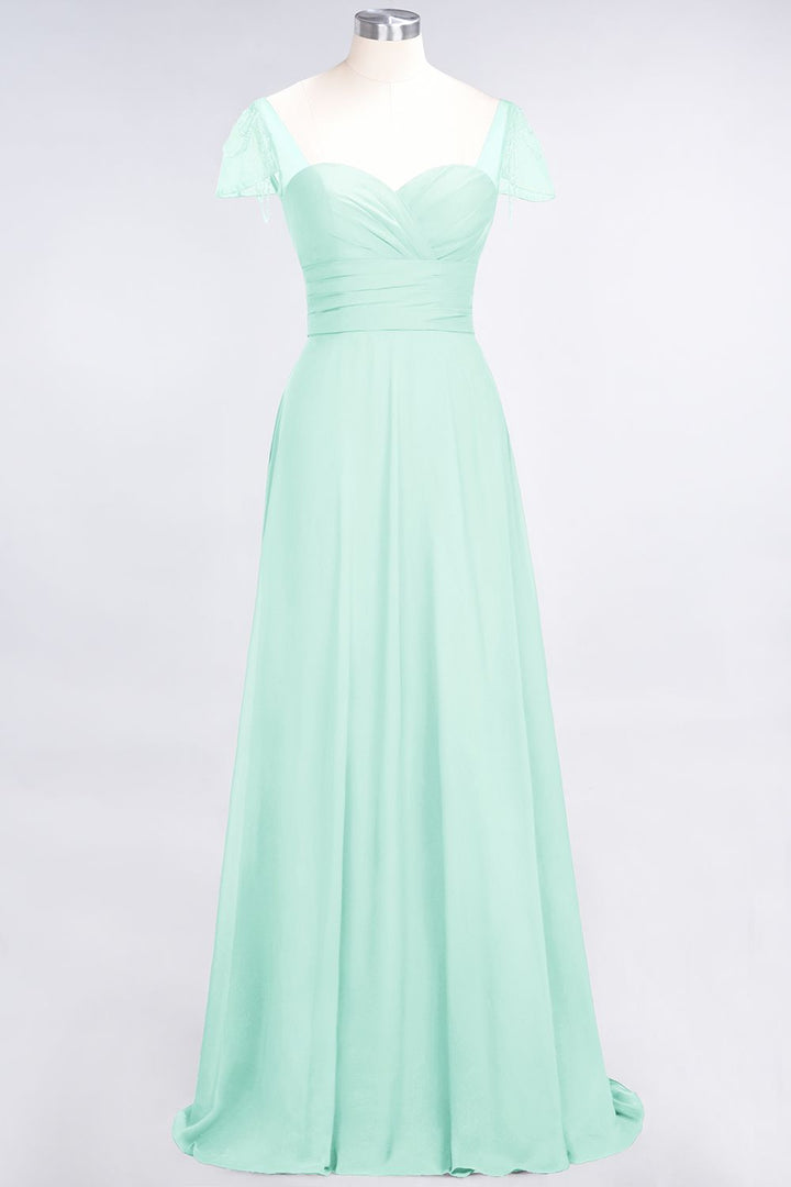 A-line Cap Sleeves Ruched Chiffon Beadings Floor-Length Dress-koscy