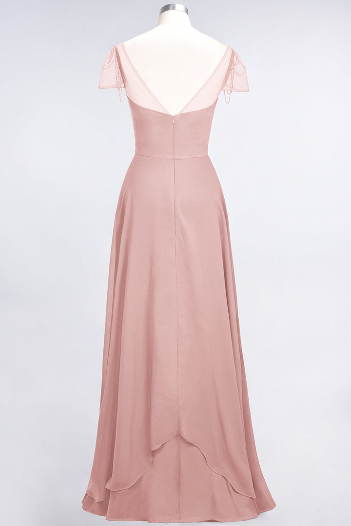 A-line Cap Sleeves Ruched Chiffon Beadings Floor-Length Dress-koscy