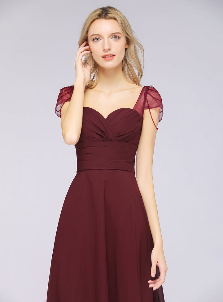 A-line Cap Sleeves Ruched Chiffon Beadings Floor-Length Dress-koscy