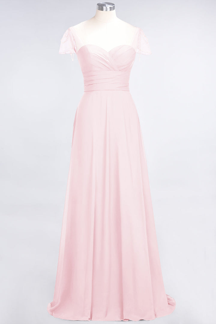 A-line Cap Sleeves Ruched Chiffon Beadings Floor-Length Dress-koscy