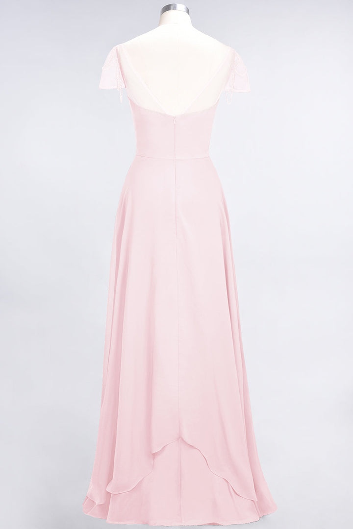 A-line Cap Sleeves Ruched Chiffon Beadings Floor-Length Dress-koscy