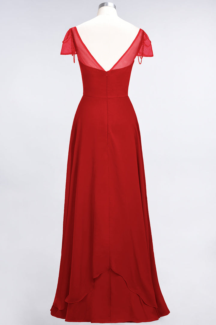 A-line Cap Sleeves Ruched Chiffon Beadings Floor-Length Dress-koscy