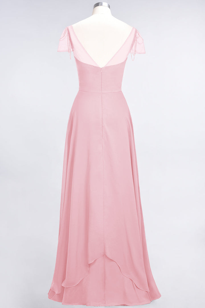 A-line Cap Sleeves Ruched Chiffon Beadings Floor-Length Dress-koscy