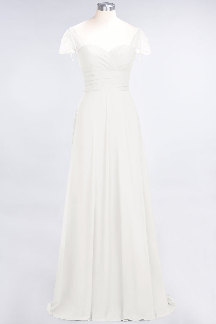 A-line Cap Sleeves Ruched Chiffon Beadings Floor-Length Dress-koscy