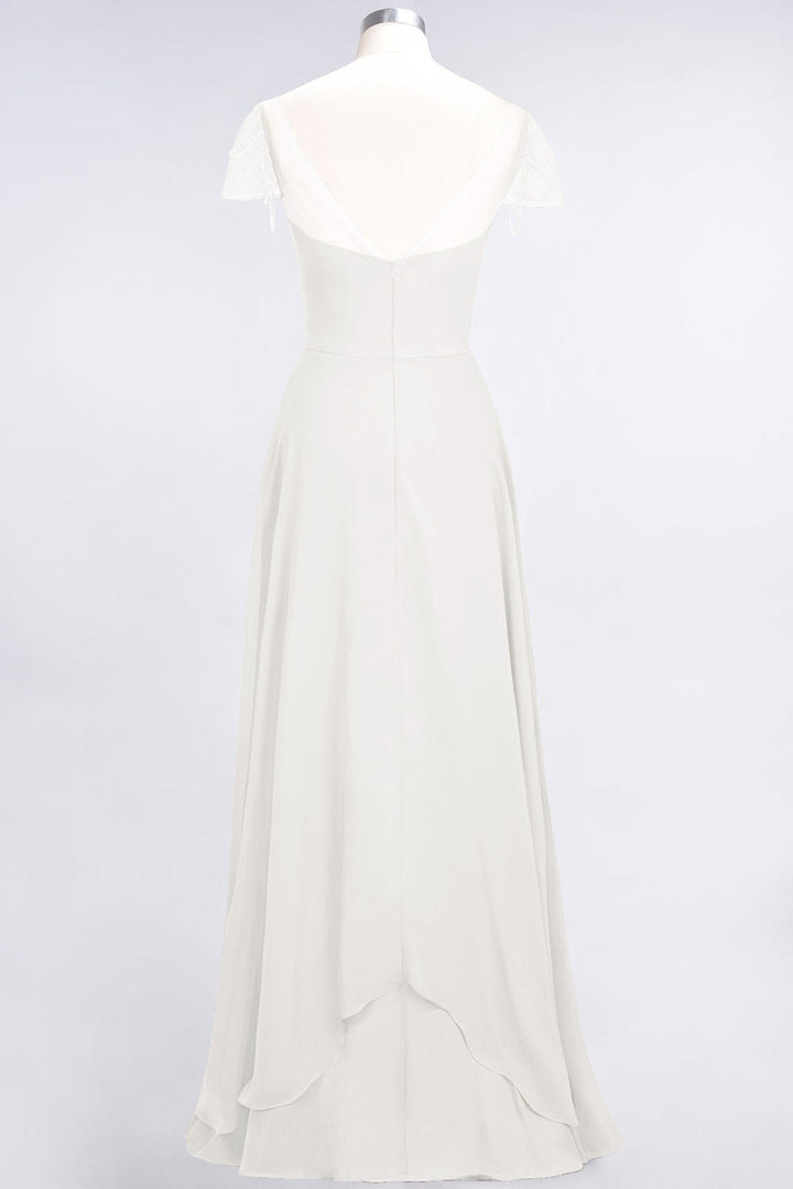 A-line Cap Sleeves Ruched Chiffon Beadings Floor-Length Dress-koscy