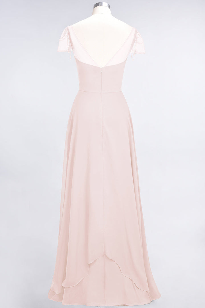 A-line Cap Sleeves Ruched Chiffon Beadings Floor-Length Dress-koscy