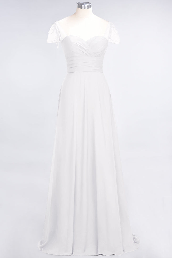 A-line Cap Sleeves Ruched Chiffon Beadings Floor-Length Dress-koscy