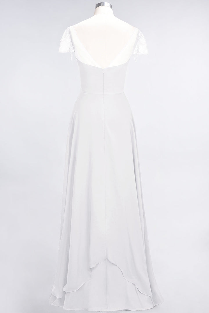 A-line Cap Sleeves Ruched Chiffon Beadings Floor-Length Dress-koscy