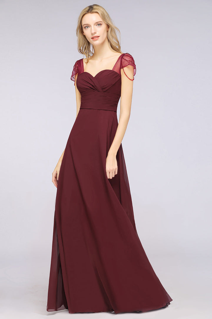 A-line Cap Sleeves Ruched Chiffon Beadings Floor-Length Dress-koscy