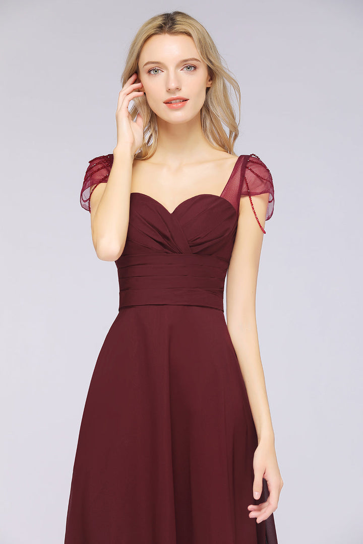 A-line Cap Sleeves Ruched Chiffon Beadings Floor-Length Dress-koscy