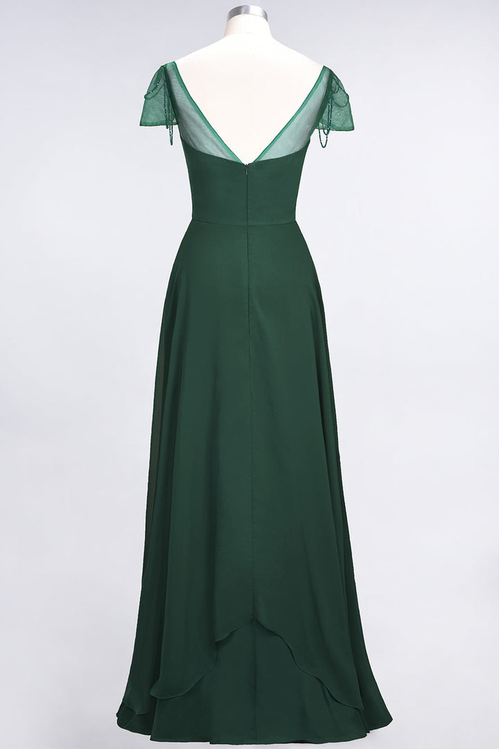 A-line Cap Sleeves Ruched Chiffon Beadings Floor-Length Dress-koscy