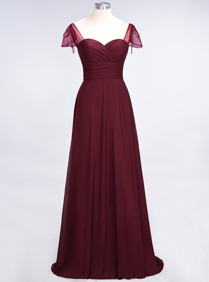 A-line Cap Sleeves Ruched Chiffon Beadings Floor-Length Dress-koscy