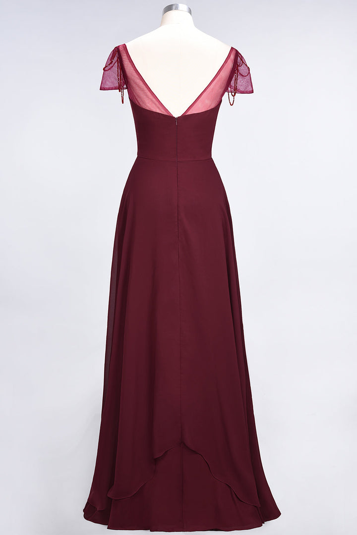 A-line Cap Sleeves Ruched Chiffon Beadings Floor-Length Dress-koscy