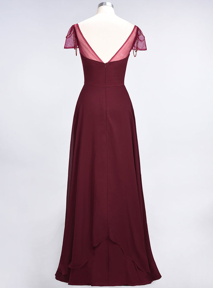 A-line Cap Sleeves Ruched Chiffon Beadings Floor-Length Dress-koscy