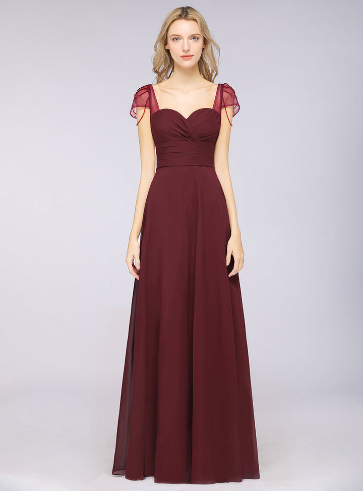 A-line Cap Sleeves Ruched Chiffon Beadings Floor-Length Dress-koscy