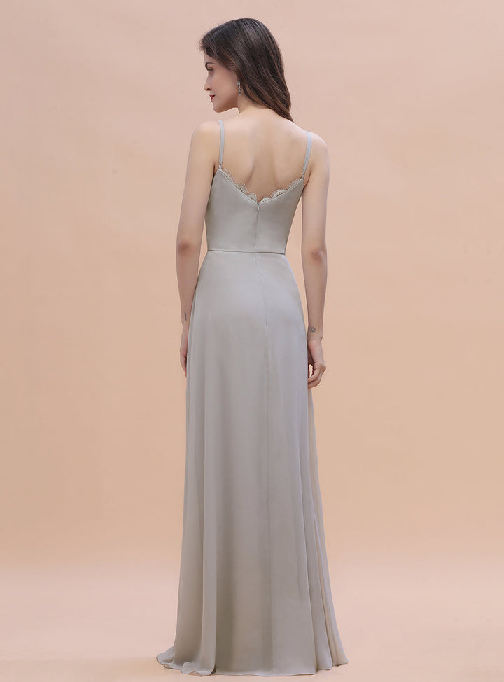 A-line Chiffon Side Slit Floor-Length Dress with Spaghetti Straps-koscy