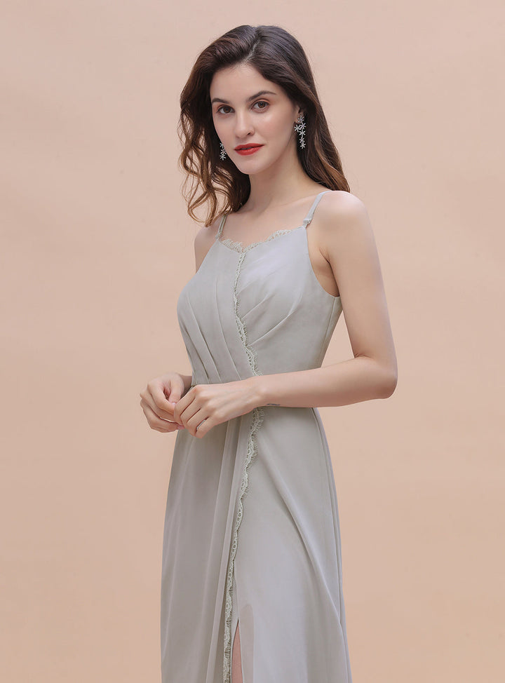 A-line Chiffon Side Slit Floor-Length Dress with Spaghetti Straps-koscy